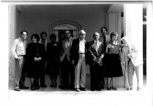 Participants in the "What Is a Poet?" symposium at the University of Alabama, October 1984. L-R: Bernstein, Vendler, Jay, Perloff, Altieri, Stern, Ignatow, Simpson, Lazer, Levertov, Burke. Photo by Gay Chow.