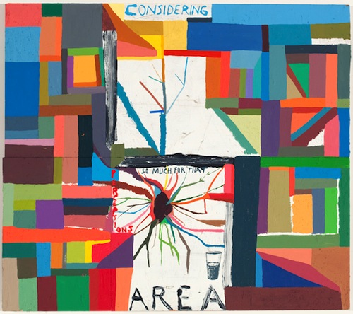 Chris Johanson, Considering Perceptions So Much for that Area, acrylic on wood, 2011, 33 x 36.5 inches