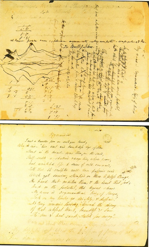 Shelley, Manuscript of “Ozymandias,” 2-sides, probably late 1817, Bodlein Library, Oxford University