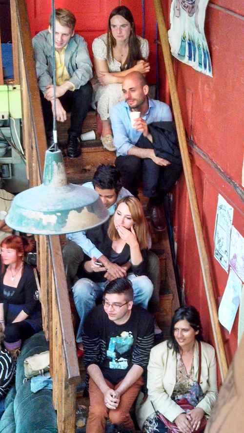 Long Haul Infoshop, Stairs: Bhanu Kapil bottom right; Matt Longabucco directly above her; Andrew Durbin top left