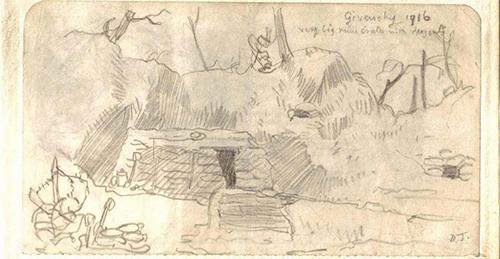 Sketch drawing in pencil by David Jones inscribed 'Givenchy 1916 / very big mine crater with dugouts'.