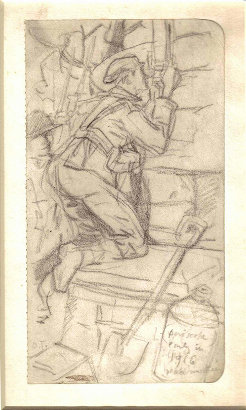 Drawing in pencil by David Jones inscribed '(periscope) / early in 1916 / place uncertain'.