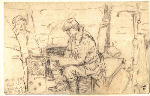 Sketch drawing in pencil by David Jones inscribed 'March 1916 / Front line trench on the La Bassée front'.