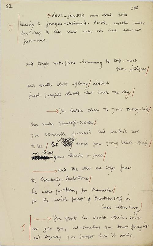 Manuscript page of In Parenthesis. "You scramble forward and pretend not to see..."