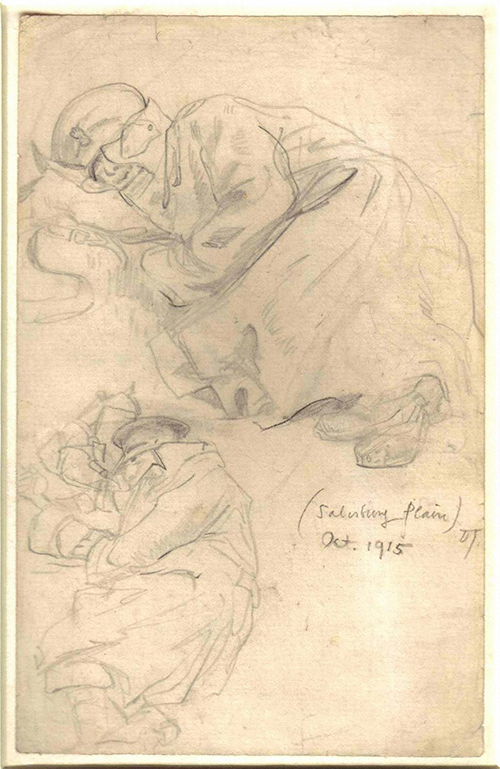 Sketch drawing in pencil by David Jones inscribed 'Salisbury Plain / Oct 1915'.