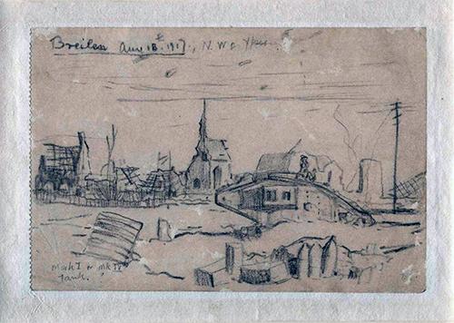 Sketch drawing in pencil by David Jones inscribed 'Brielen, August 18th 1917 NW of Ypres / Mark I or Mark IV tank?'