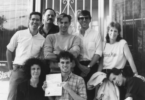 Group shot after a poetry reading, March 17, 1985, Silver Lake, Los Angeles.  First row (left to right): Amy Gerstler, Ed Smith, Bob Flanagan.  Second row (left to right): unknown, Michael Silverblatt, Mark McLaughlin, David Trinidad, Sheree Rose.