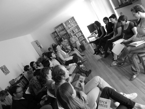 The panel took place at eohippus labs headquarters (i.e. Harold Abramowitz’s apartment).  Speaking of compromised bodies: I was fighting the flu while moderating the panel.  In order from left to right: me (with the flu), Janice, Erica, Carrie, Stephanie.  Photo by Harold Abramowitz