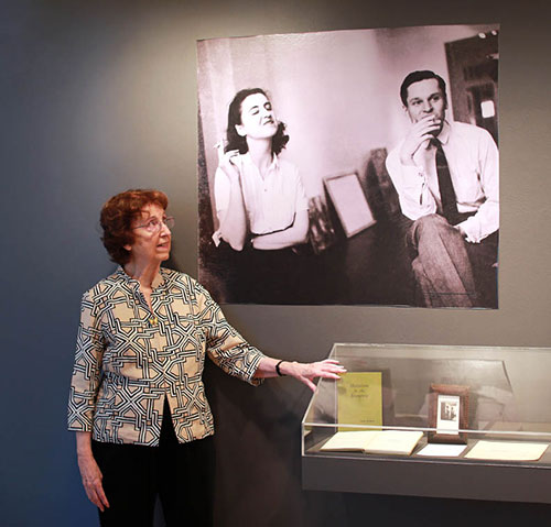 Jane Freilicher on June 1, 2013 at Tibor de Nagy beside Walter Silver's photo of her and John Ashbery taken 1952 at Tibor de Nagy. Credit: Lawrence Schwartzwald.