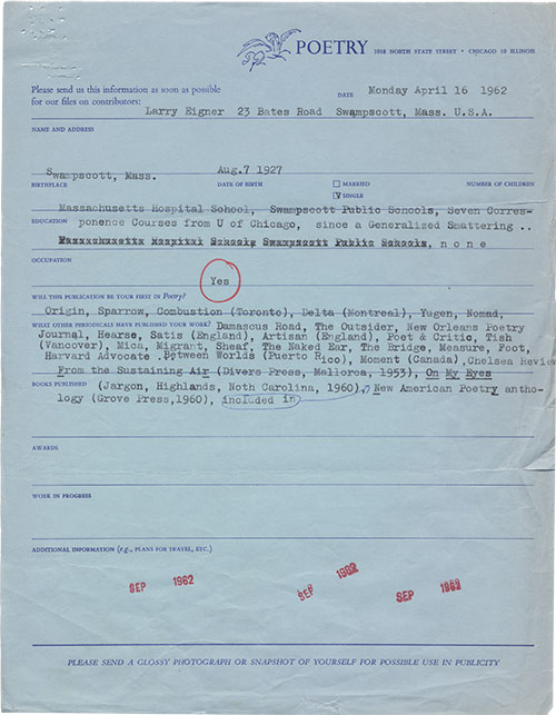 Larry Eigner's biographical sheet