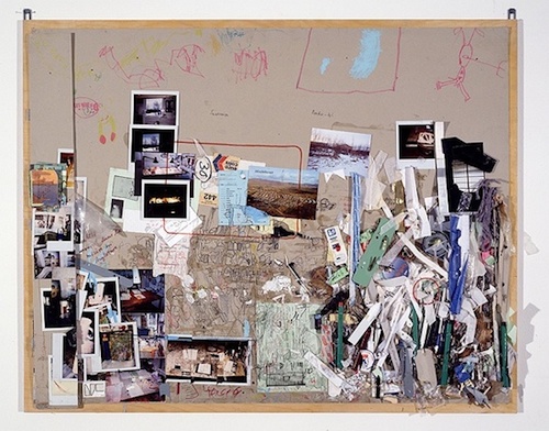 5. Tischmatte, Bali-Mosfellssveit, 1994—1996 Collage of pencil, water colour, acrylic and oil paint, indian ink, marker, photos, scrap and drawing tools on grey cardboard mounted on plywood 85 x 105 cm / 33 1/2 x 41 3/8 in