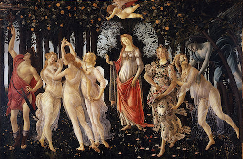 Caption: Sandro Botticelli, La Primavera (detail of Chloris), tempera on panel, c. 1483, Galleria degli Uffizi, Florence.