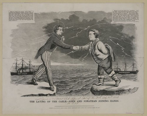 “The Laying of the Cable,” which commemorates the completion of the first transatlantic telegraph line. Woodcut with letterpress, Baker & Godwin Printers, New York, circa 1858. Courtesy of the Library of Congress