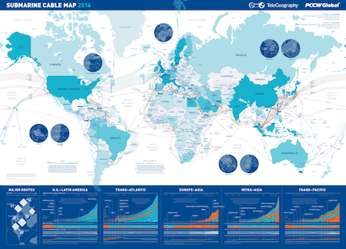 Submarine Cable Map, depicting 293 in-service and 28 planned undersea telecommunications cables, based on Global Bandwidth research, courtesy of Telegeography