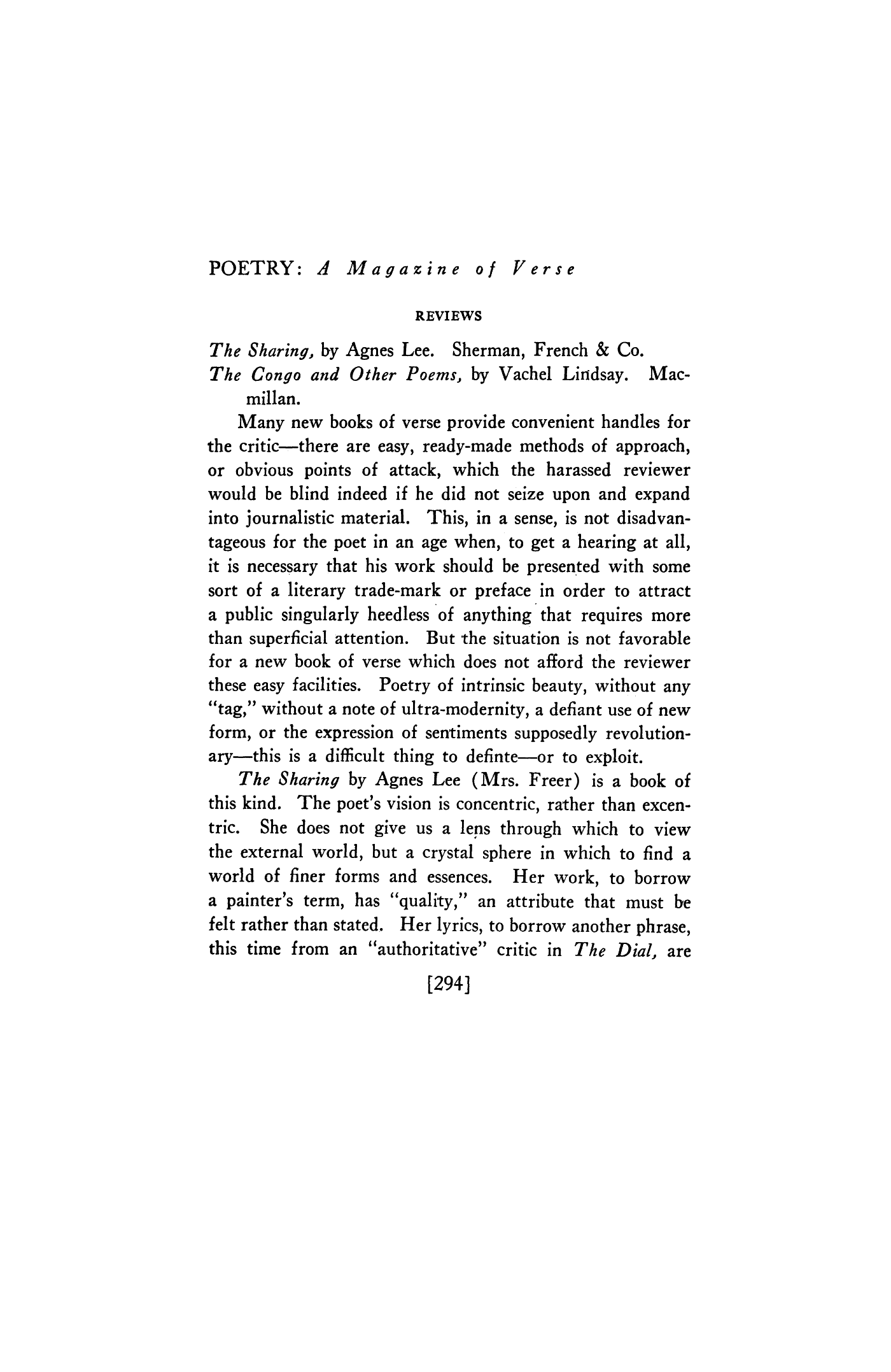 The Sharing by Agnes Lee; The Congo and Other Poems by Vachel Lindsay