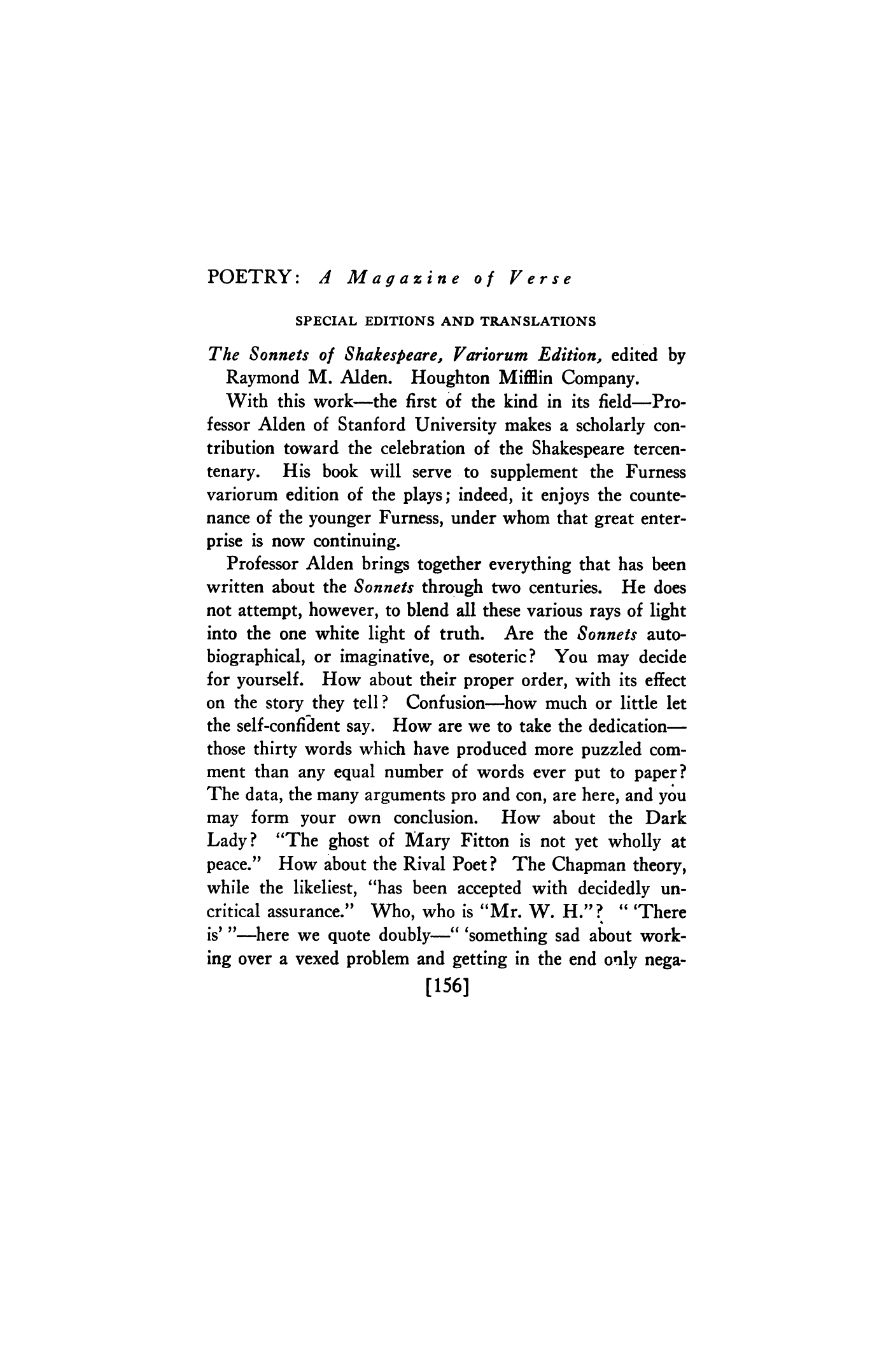 The Sonnets of Shakespeare, Variorum Edition (Ed. by Raymond M. Alden)