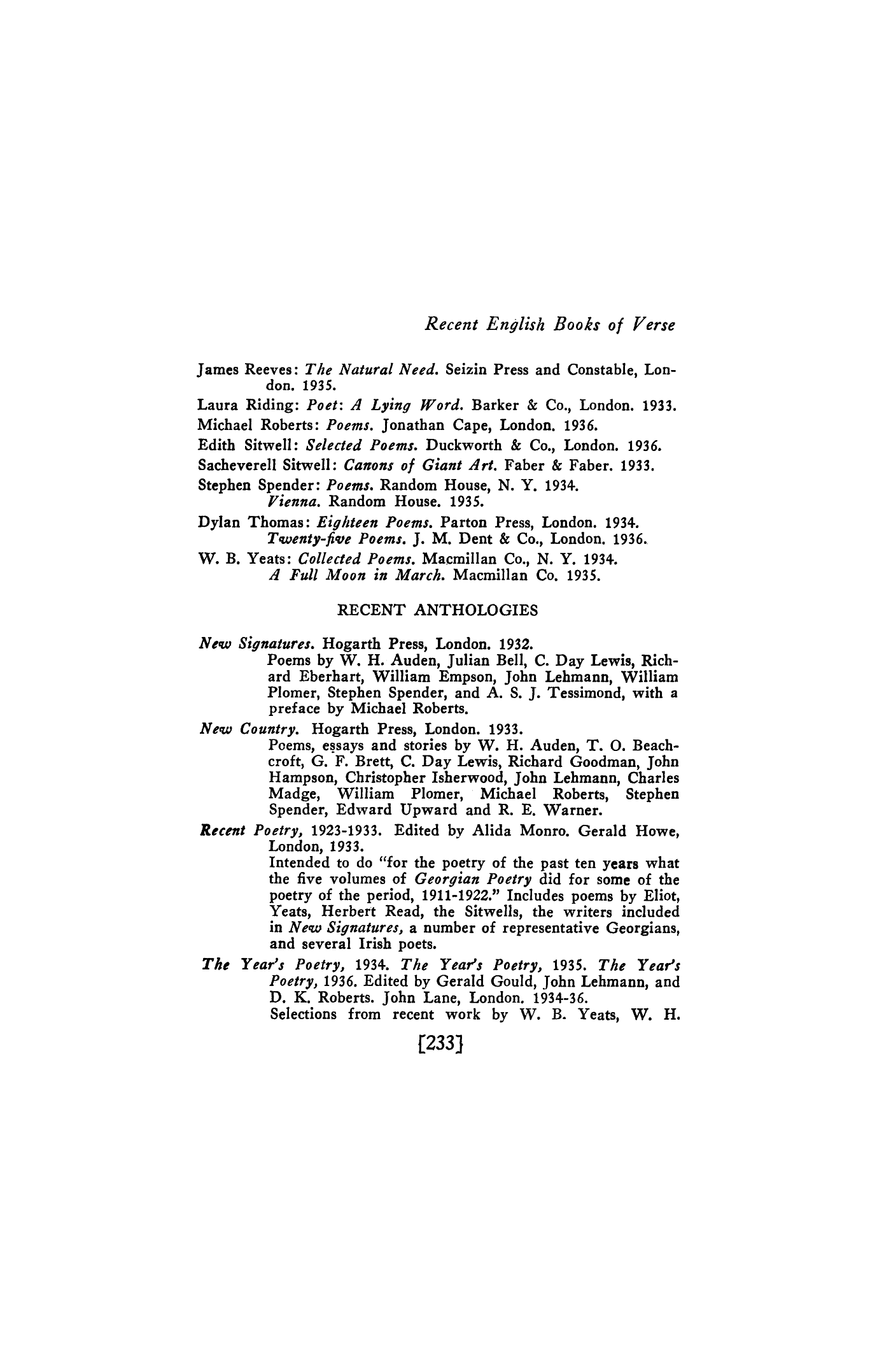 A Check-List of Recent English Books of Verse 1931-1936