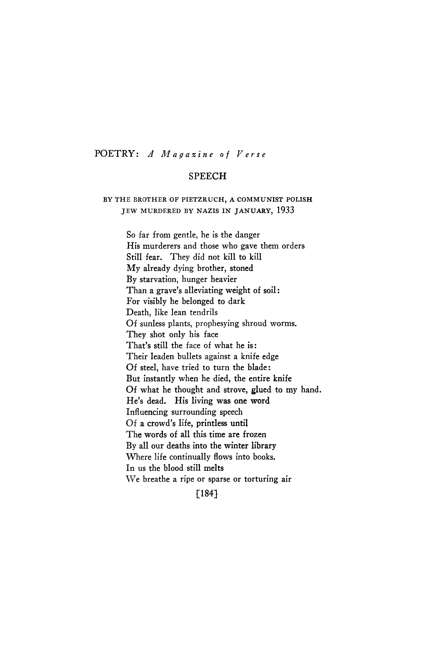 Speech: By the Brother of Pietzruch, a Communist Polish Jew Murdered by Nazis in January, 1933