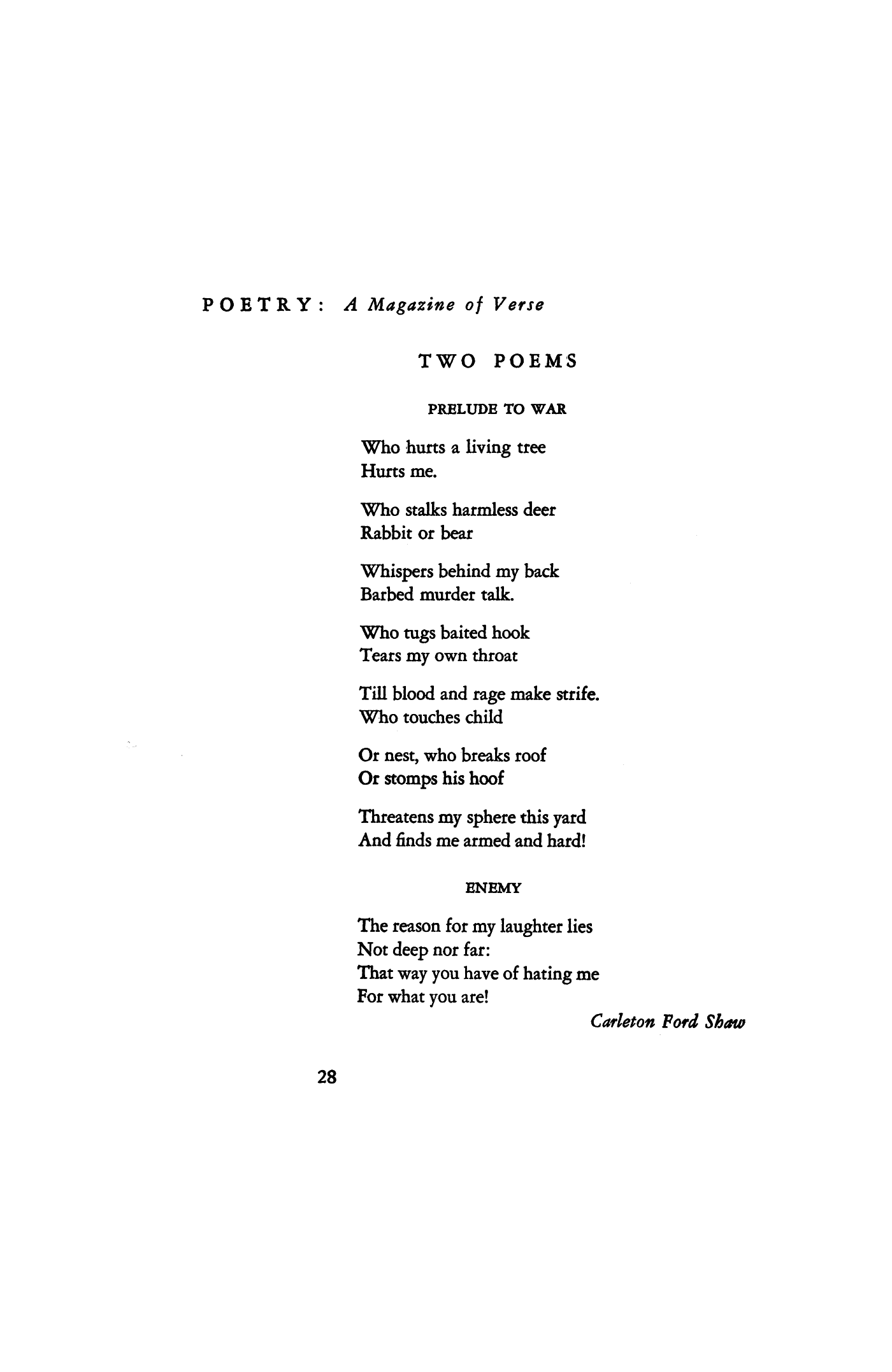 Prelude To War By Carleton Ford Shaw Enemy By Poetry Magazine