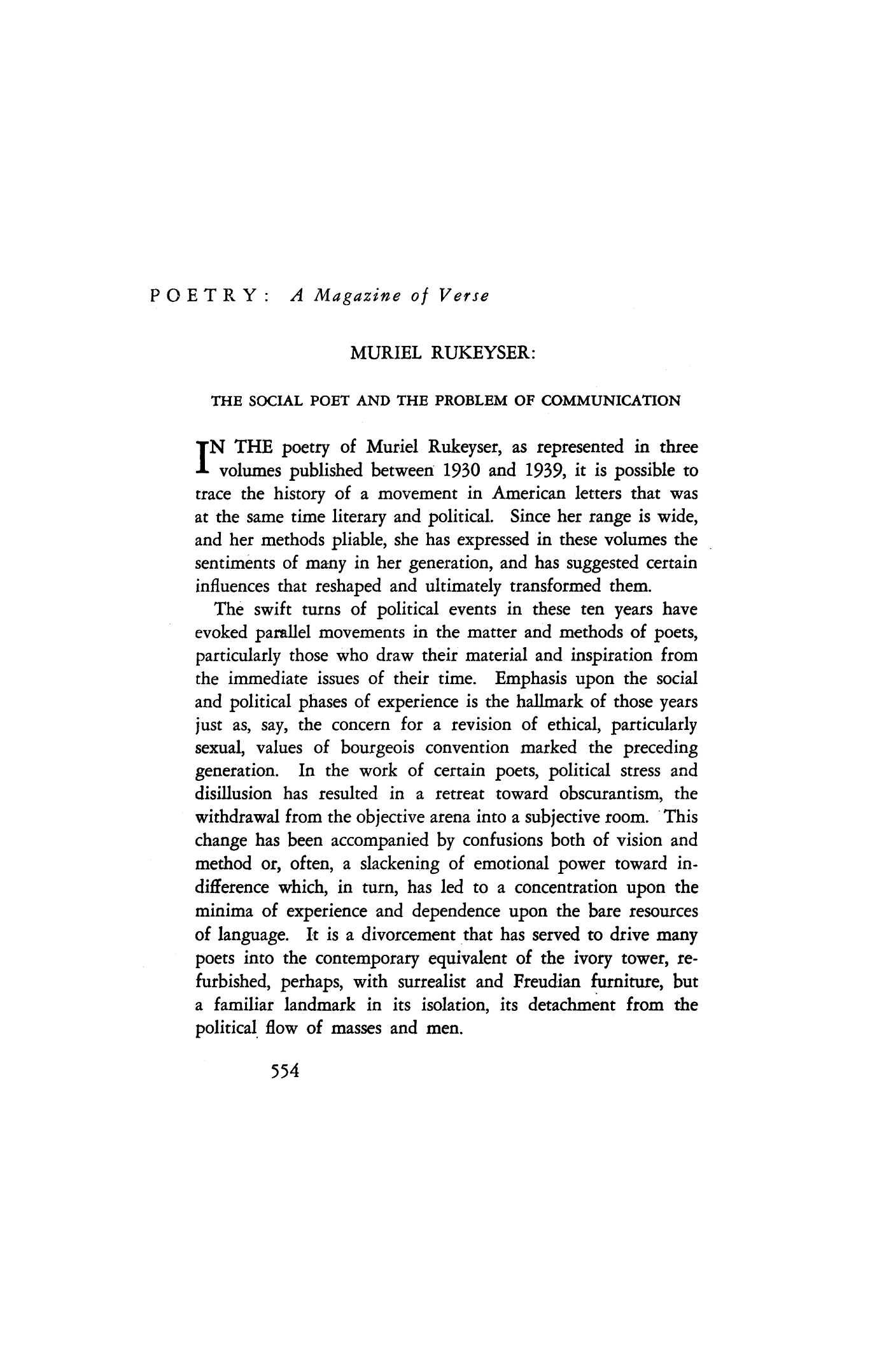 Muriel Rukeyser: The Social Poet and the Problem of Communication