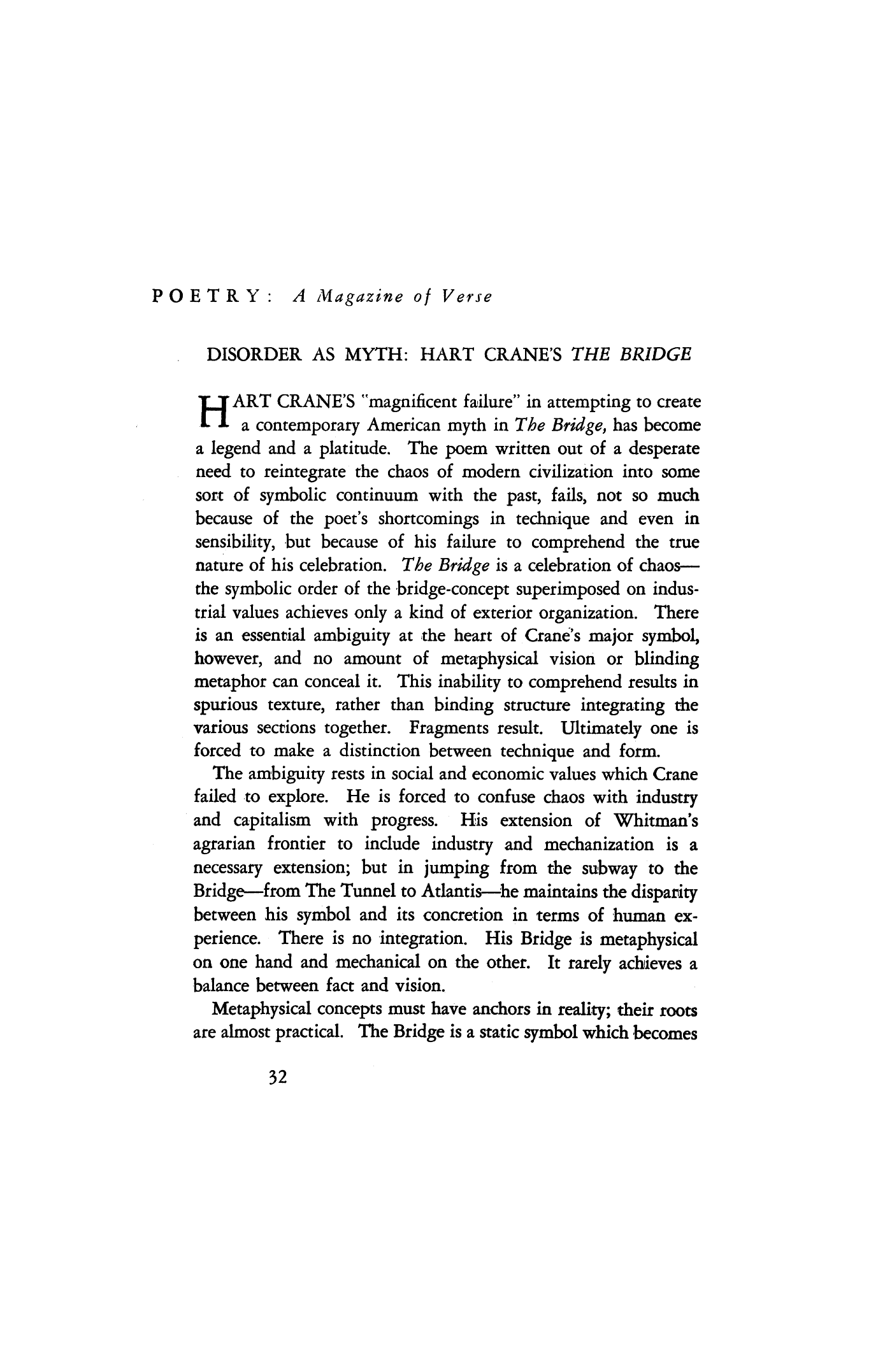 Disorder as Myth: Hart Crane's "The Bridge"