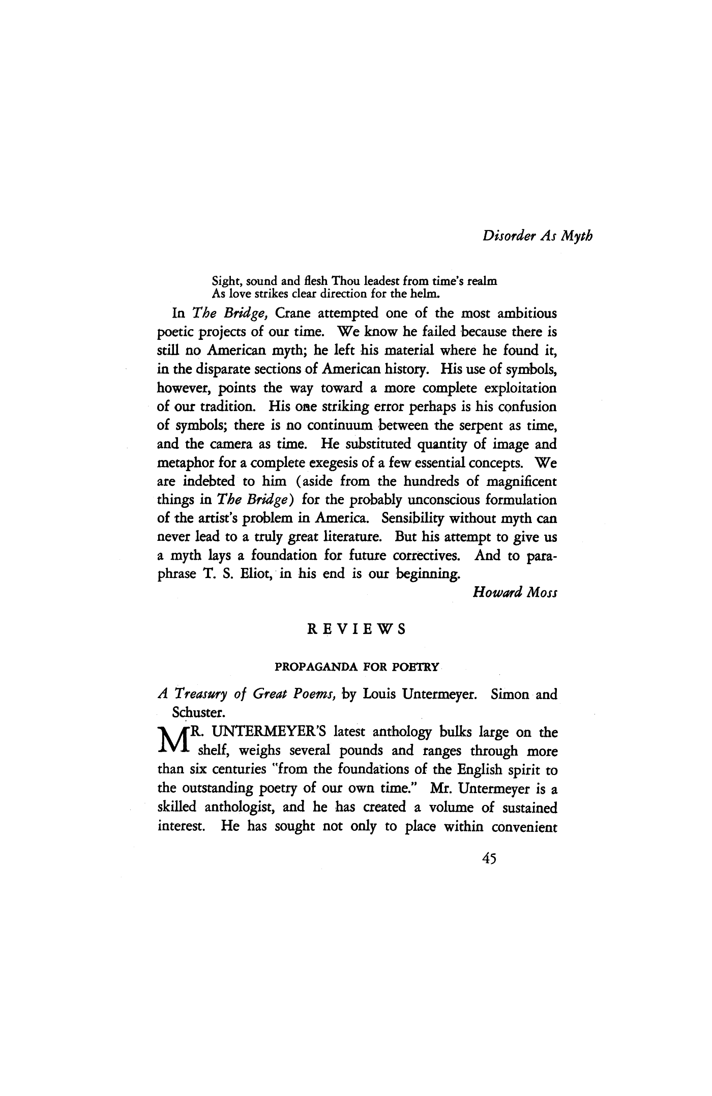 Disorder as Myth: Hart Crane's "The Bridge"