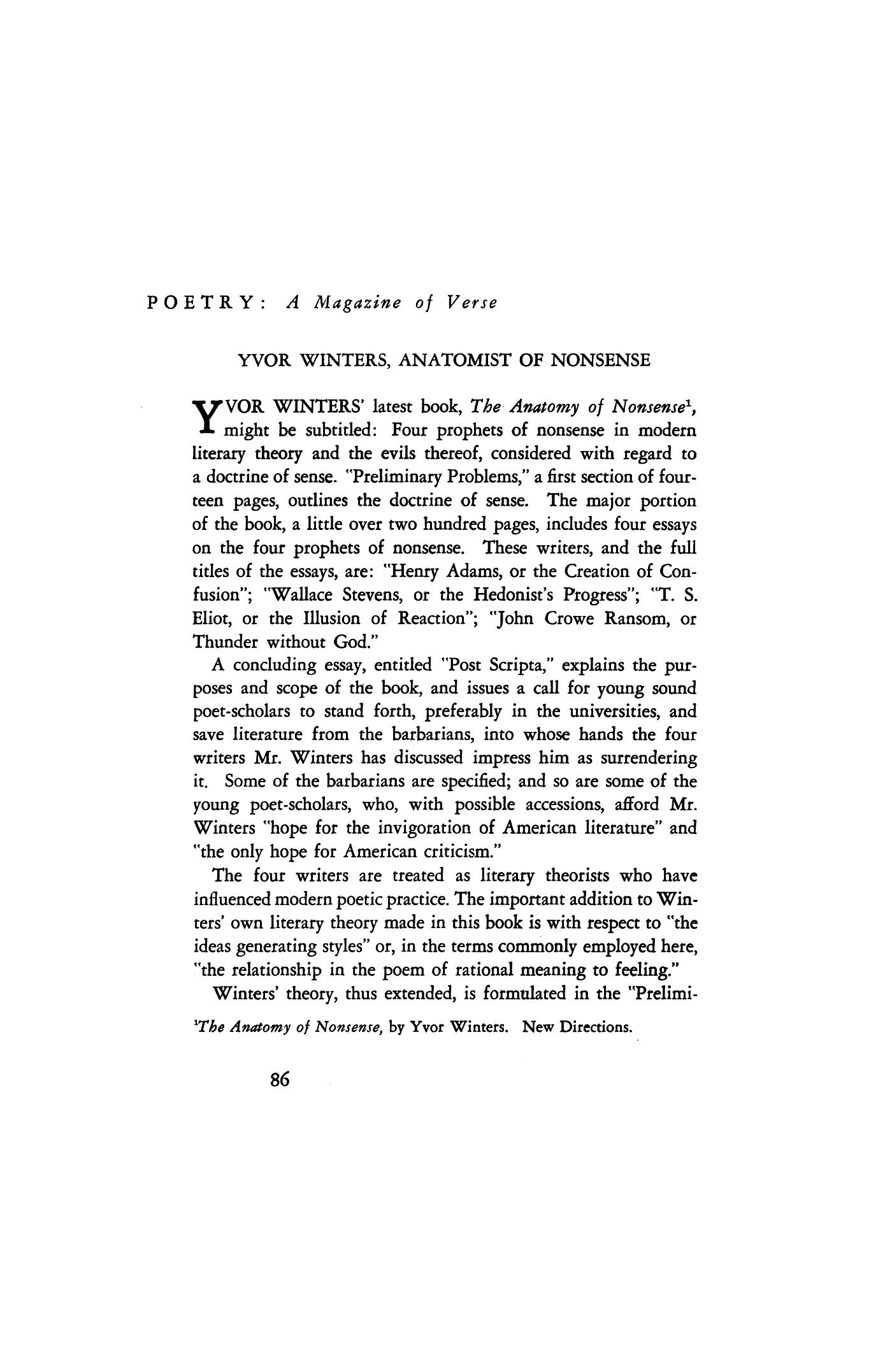 Yvor Winters, Anatomist of Nonsense