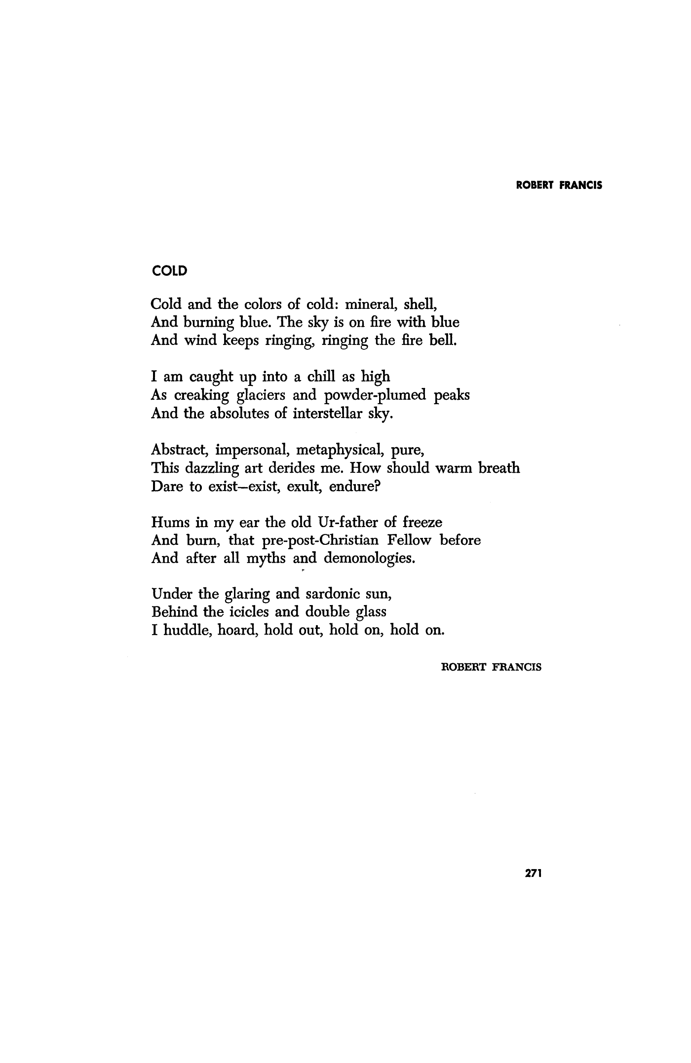 Cold by Robert Francis Poetry Magazine