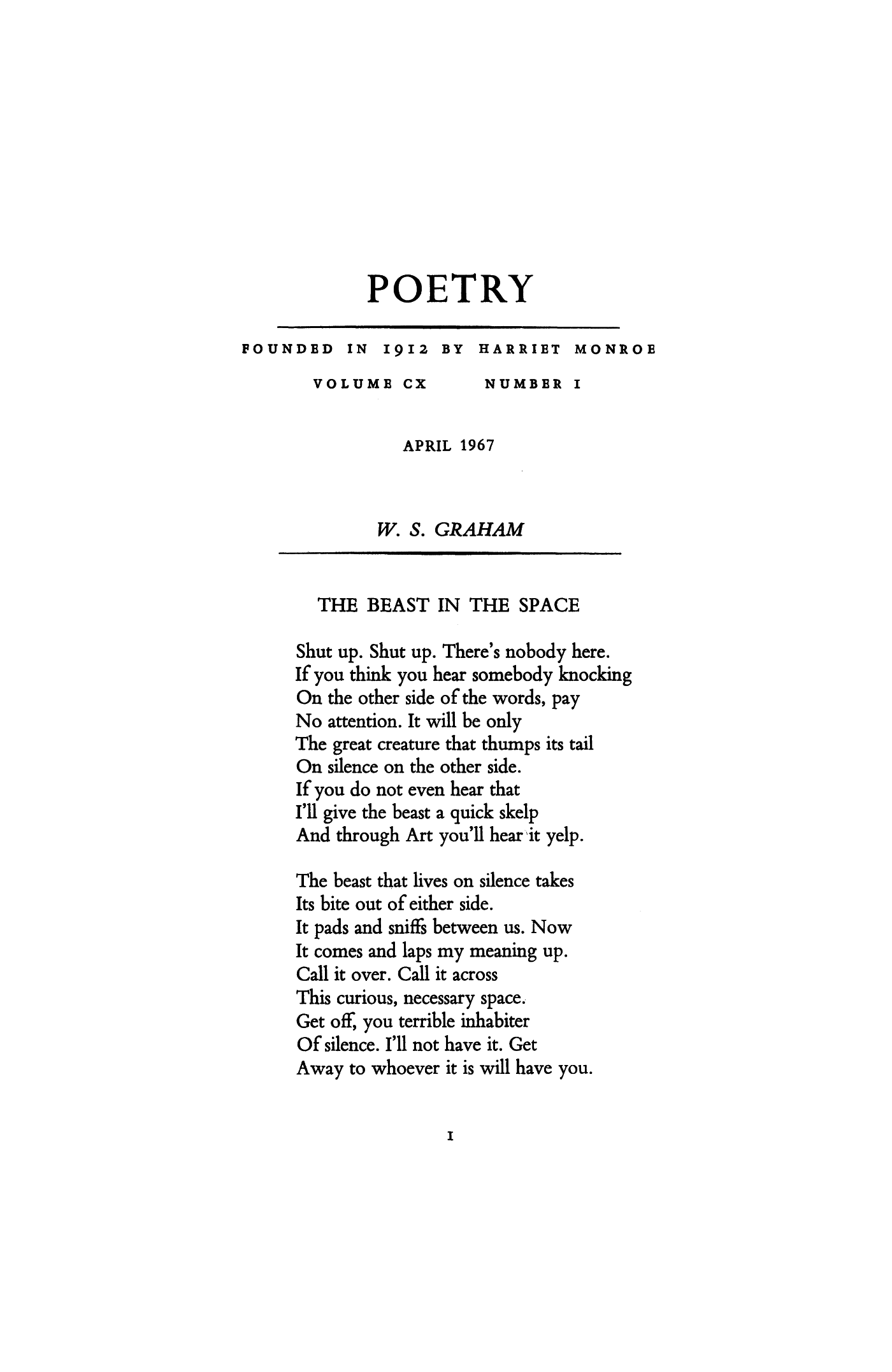 The Beast in the Space by W. S. Graham | Poetry Magazine