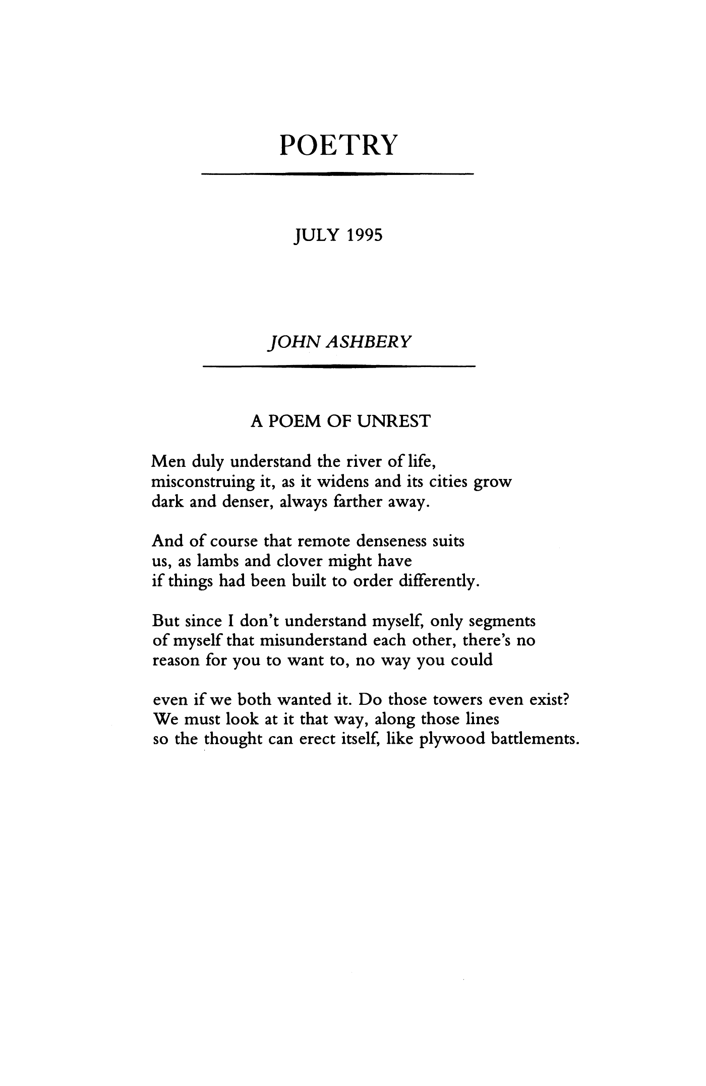 A Poem Of Unrest By John Ashbery Poetry Magazine