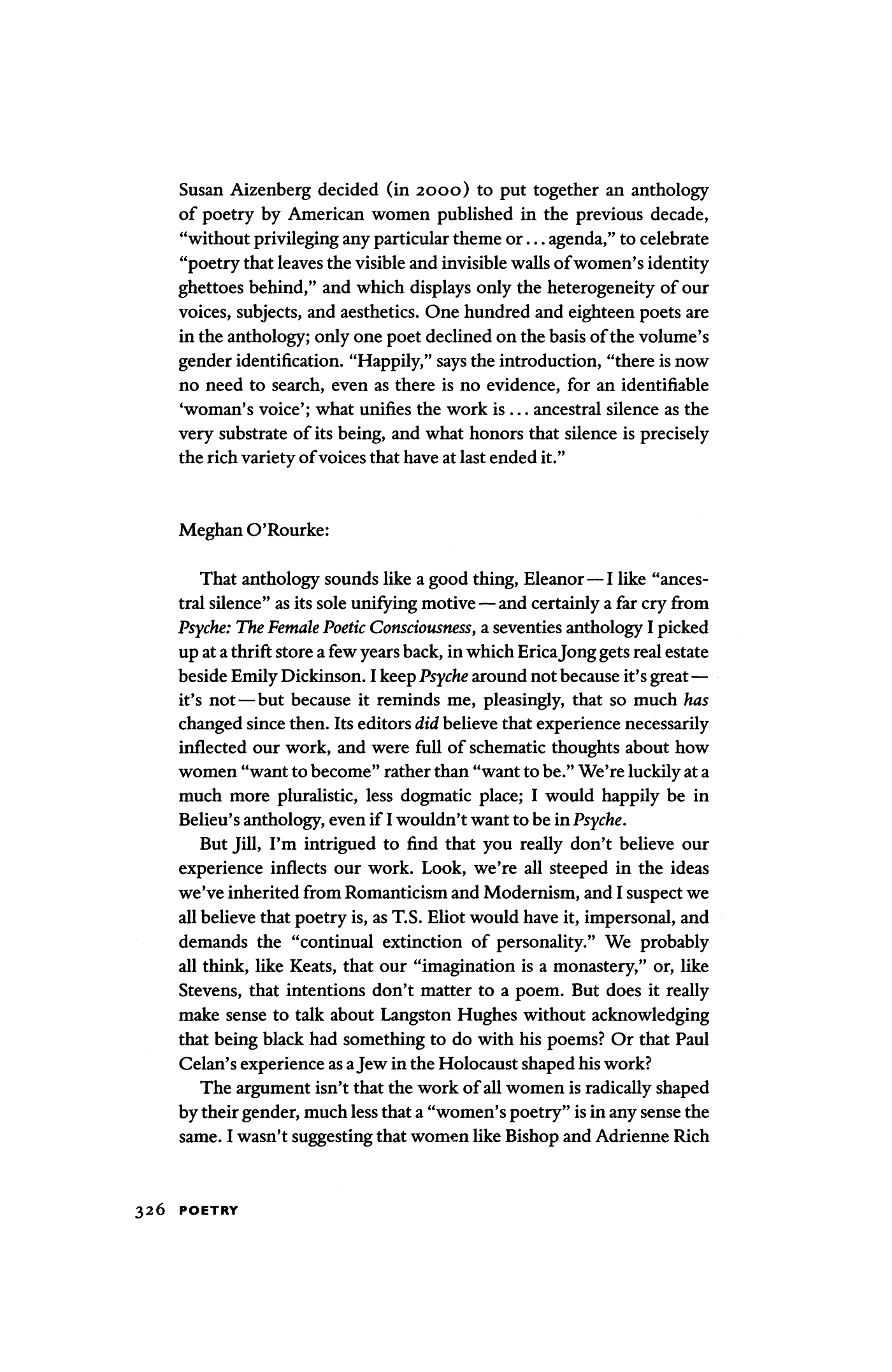 Exchange: Meghan O'Rourke, J. Allyn Rosser & Eleanor Wilner on "Women's Poetry"