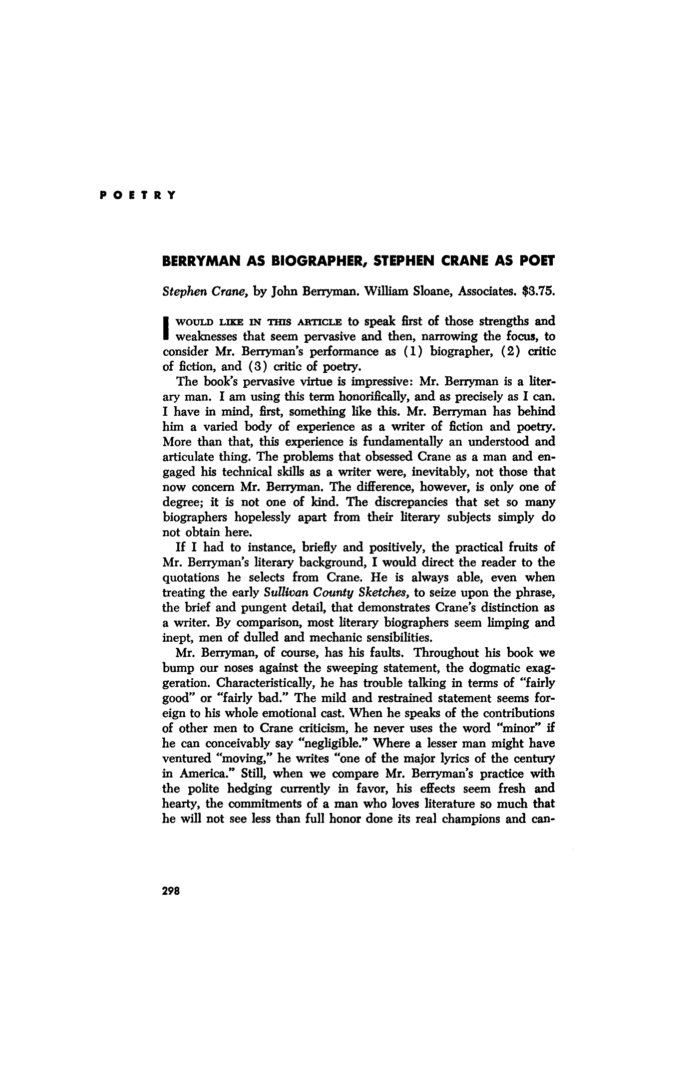 Berryman as Biographer, Stephen Crane as Poet