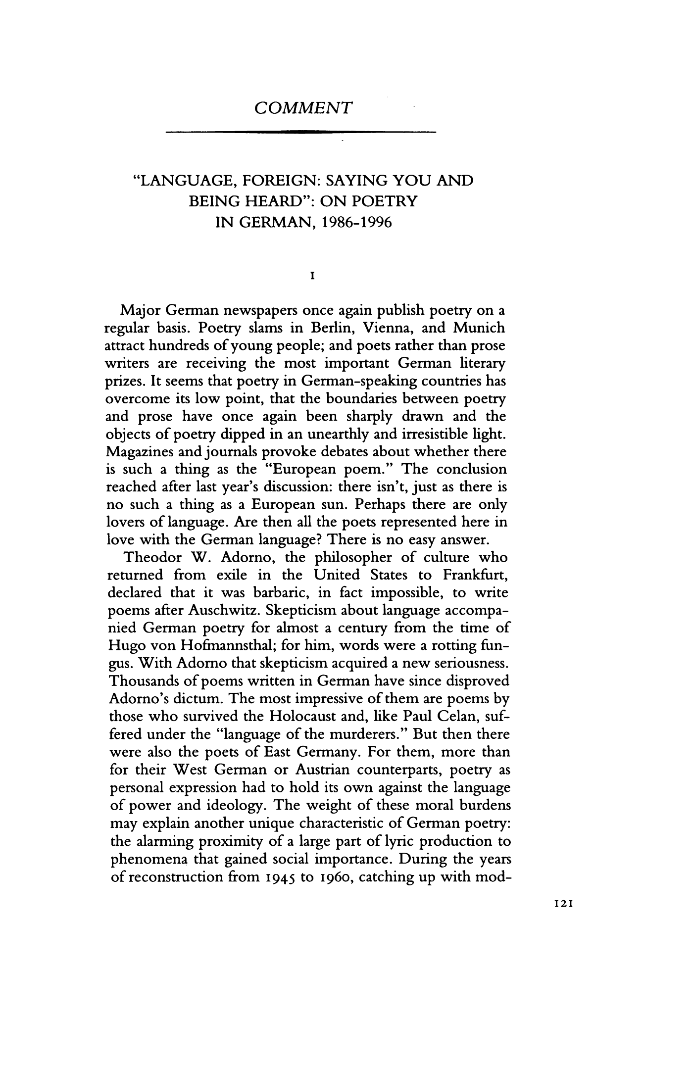 Language, Foreign: Saying You and Being Heard: On Poetry in German, 1986-1996