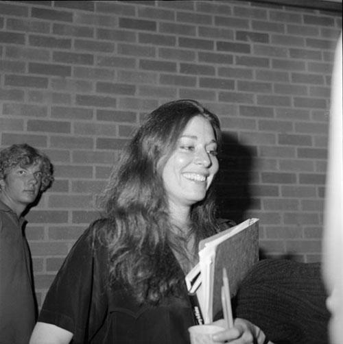 Poet Jorie Graham in the University of Arizona Modern Languages Building after her reading for the Poetry Center's Fall 1982 Reading and Lecture Series. 