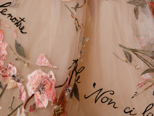 Detail from Valentino S/S 2015 dress, embroidered with lines from Jacques Prevert’s “This Love.”